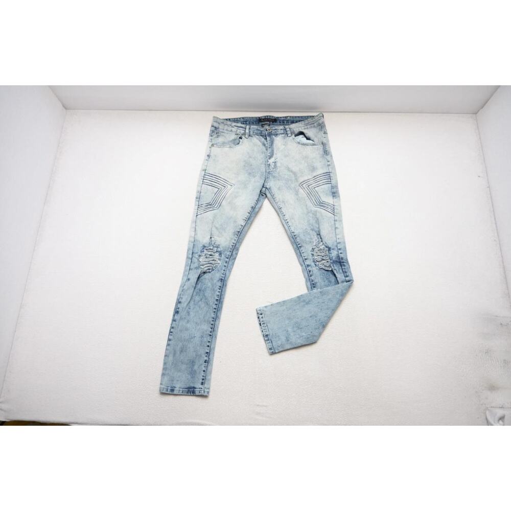 M. Society Slim‎ Taper Stretch Distressed Denim Blue Jeans Mens Size 36 x 30